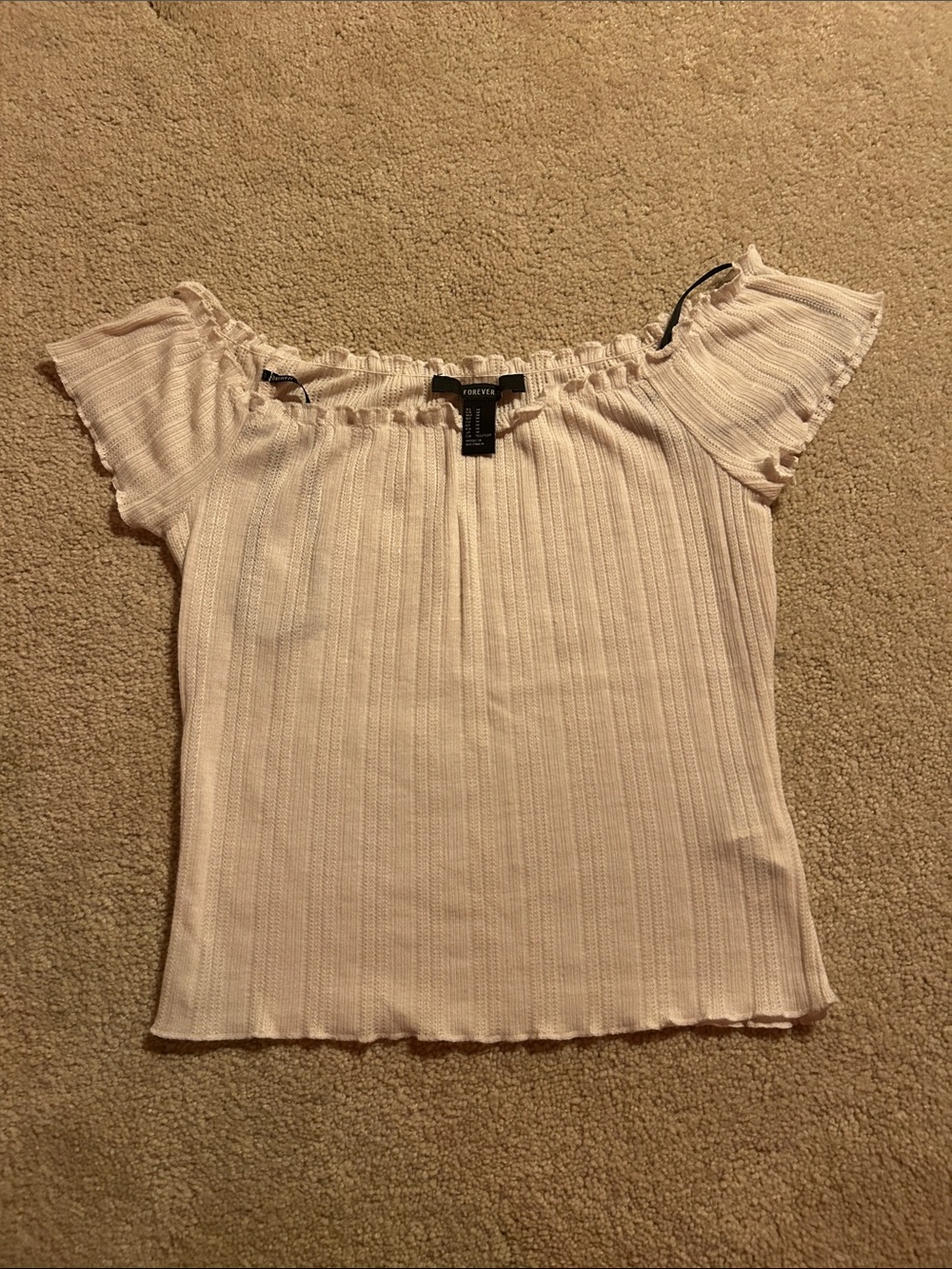 Forever 21 Cream Ribbed Off-Shoulder Ruffle Top